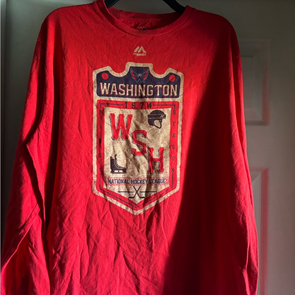 Majestic Red Washington Long Sleeve Hockey Tee with Crest Graphic